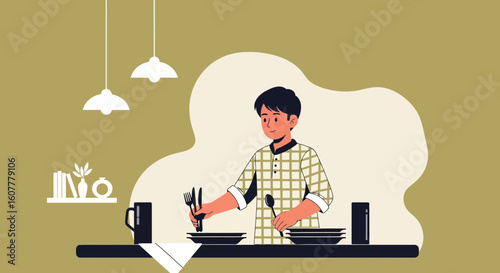 Man Is Setting The Dining Table For Dinner Before Eating Food And Enjoying