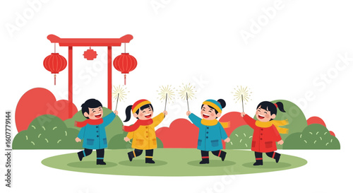 Joyful Celebration With Sparklers During Lunar New Year Festive Season