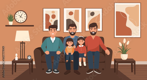 Happy Gay Couple With Daughter Resting At Home On Comfortable Sofa