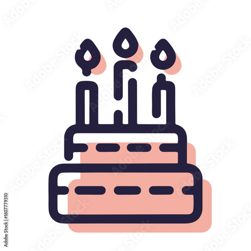 Minimalistic birthday cake icon with candles, pastel caramel shadow, white background, celebration concept for events.