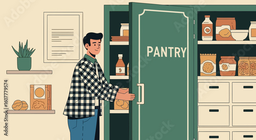 Man Opens The Pantry With Food Stuff And Utensils Inside The Kitchen