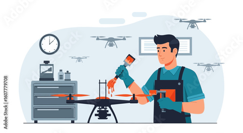 Man Painting a Drone For Repair in a Workshop Using a Brush