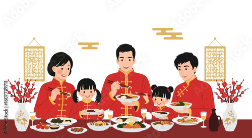 Joyful Chinese New Year Celebration Family Dinner With Traditional Clothes