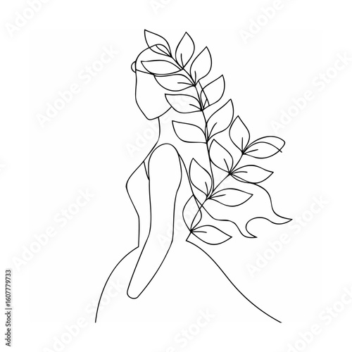 Elegant woman with floral hair line art minimalist