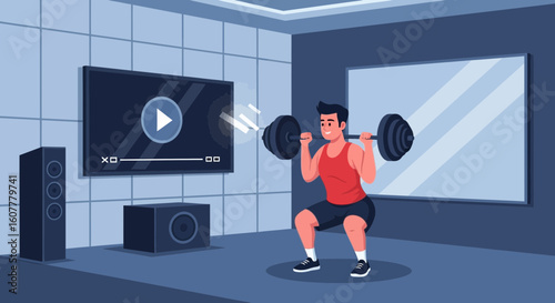 Man Performing Squats with Barbell While Watching Fitness Video at Home
