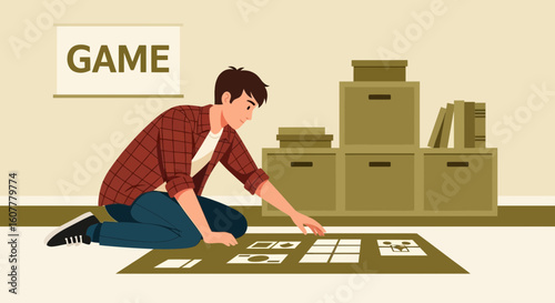 Man Playing A Board Game At Home For Recreation And Fun Activity