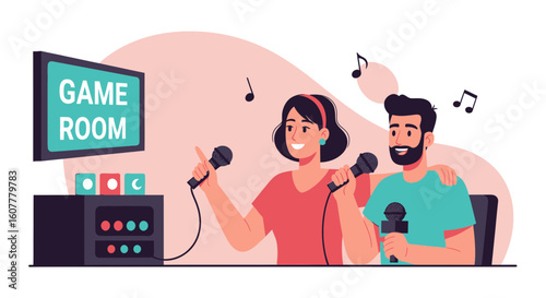 Joyful Couple Singing Karaoke Together In Game Room Leisure Activity