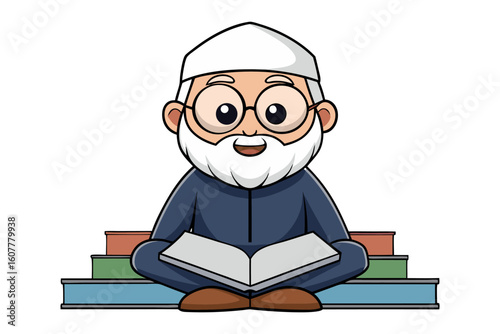 A smiling muslim man wearing traditional white clothing and a cap reads a book while sitting cross legged