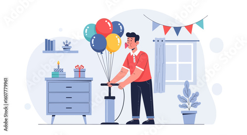 Man Prepares For Birthday Balloons Inflating Celebration At Home Party