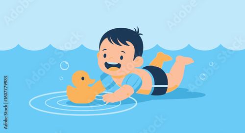 Joyful First Swim Little Boy Play With Duck In Blue Water Cartoon