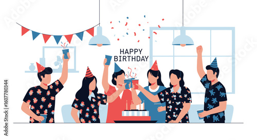 Joyful Gathering People Celebrating Birthday Party with Cake and Decoration