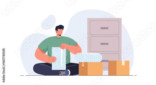 Man Preparing Items For Relocation Or Storage At Home