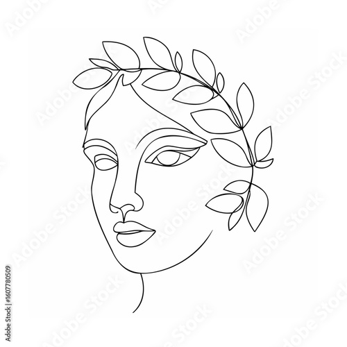 Minimalist face with laurel wreath line art woman