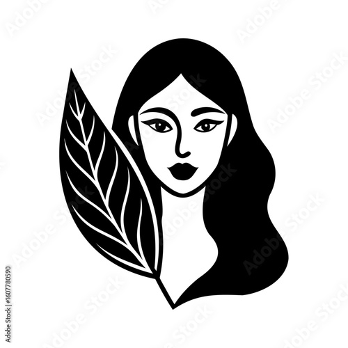 Woman face with leaf black and white minimalist