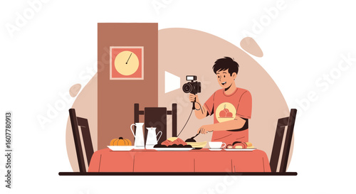 Man Recording Video About Meal Preparation At Table In Living Room