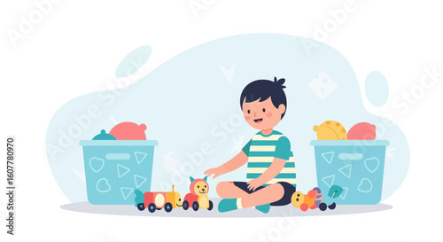 Joyful Little Boy Plays With Toys Next To Toy Bins In His Room