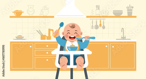 Joyful Mealtime A Cheerful Baby Sits in a Highchair with Food Ready