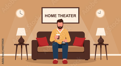 Man Relaxes At Home Theater With Drink And Remote Control In Hand
