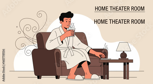 Man Relaxing At Home In Comfortable Armchair And Drinking Coffee or Tea
