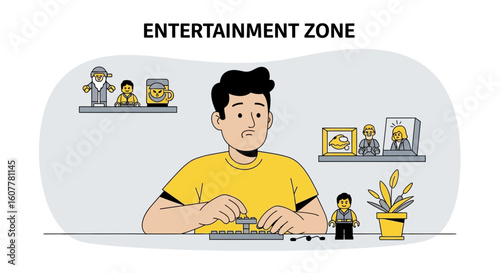 Man Relaxing At Home Building With Toy Blocks In His Entertainment Zone