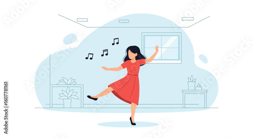 Joyful Moment Dancing at Home with Music Illustration on a Relaxing Afternoon