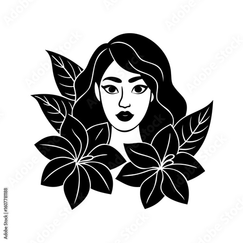 Woman face surrounded by black flowers and leaves portrait