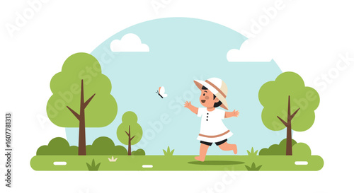 Joyful Pursuit Child Chasing Butterfly Outdoor Scene Sunny Meadow Vector Illustration