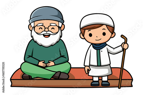 Friendly muslim man in traditional attire holding a book and pen presenting information on a blank whiteboard easel