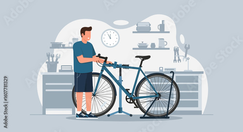 Man Repairs Bicycle at Home Workshop For Healthy Lifestyle And Sustainability