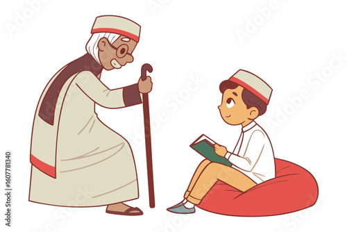 Muslim scholar wearing a kufi and glasses meticulously writes notes on a whiteboard with a pen and notebook
