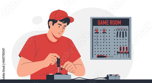 Man Repairing Vintage Console Joystick In A Game Room Illustration