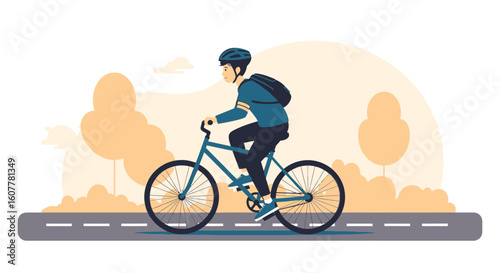 Man Riding Bicycle Commuting Along Road With Trees Graphic Illustration