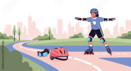 Joyful Rollerblader Enjoying Freedom On A Sunny Park Path With City Skyline