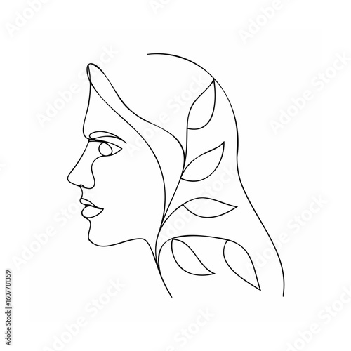 Elegant woman face with floral elements abstract black and white