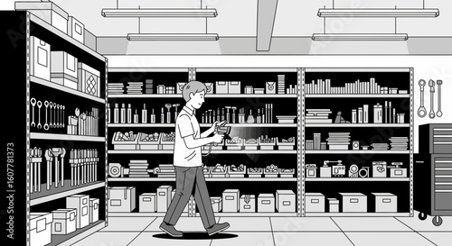 Man Scanning Inventory In Storage Room At Warehouse Or Factory Interior