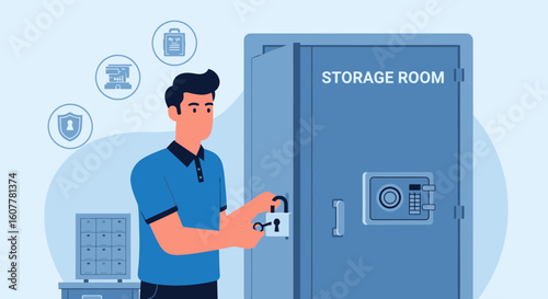 Man Securing Valuables In Storage Room Using Key And Lock For Safety