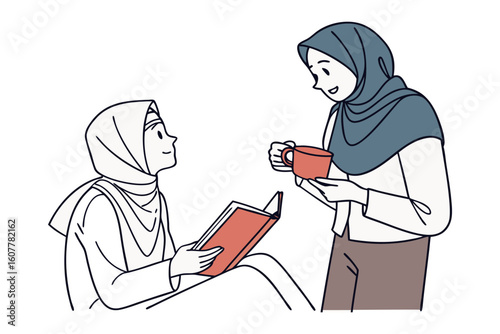Muslim woman teacher in hijab holding pointer and book leading a class with chairs and desk