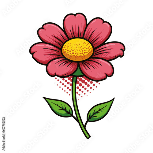 Vibrant blooming flower in pop art style, isolated on white background, colorful and dynamic, concept of floral design and decor for art businesses, graphic design.