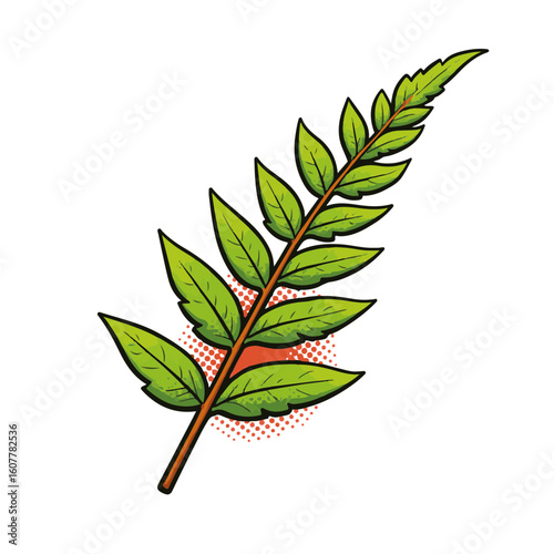 Vibrant pop art fern leaf showcasing dynamic shapes and bold colors, isolated on white, concept of nature and creativity.