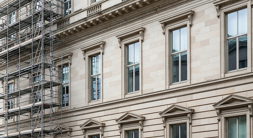 Fototapeta premium Ornate Building Facade with Scaffolding: Architectural Detail and Renovation