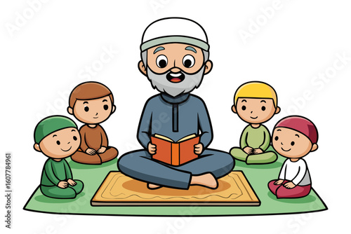 Adorable cartoon child wearing hijab and glasses reads a book with a crescent moon symbol