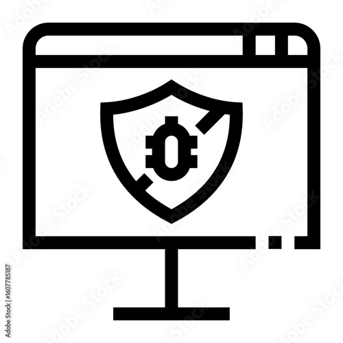 Icono de protección antivirus en la computadora. Escudo con prohibición de virus dentro del monitor. Seguridad informática y defensa. Ilustración vectorial 