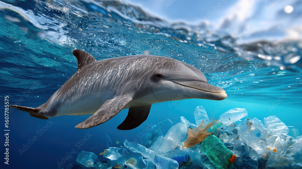 Fototapeta premium A dolphin gracefully swims in polluted waters filled with plastic waste.