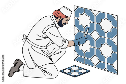 Man in traditional desert attire with a falcon and a bird on his hand in a sandy landscape