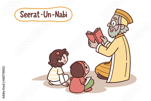 Muslim scholar in traditional attire reads ancient text surrounded by a stack of religious books