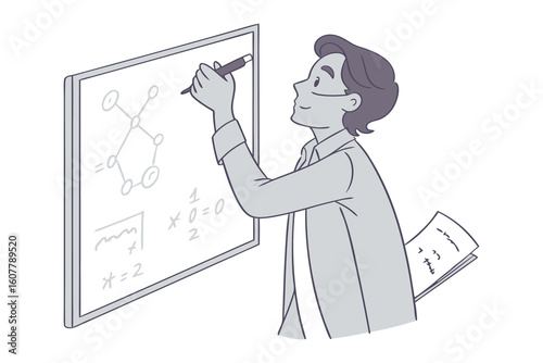 Professor in graduation robes points to blank whiteboard holding book at lectern ready to teach