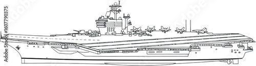 Blueprint-Style Aircraft Carrier Drawing: Technical Line Art with Precise Naval Details | Military Design