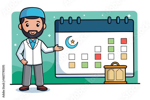 Charming cartoon illustration of a smiling muslim man wearing a green kufi and traditional thobe holding a book