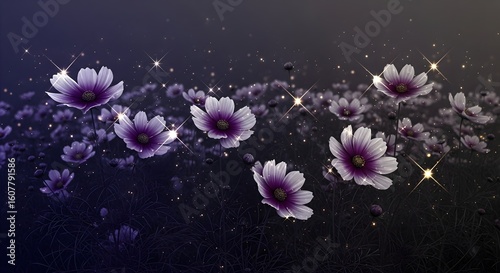 Purple Cosmos Flower Field at Night with Ethereal Glow and Sparkling Fantasy Lights