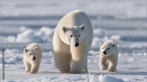 Polar Bear Mother and Cubs on Arctic Ice / 北極の氷上を歩くホッキョクグマの親子